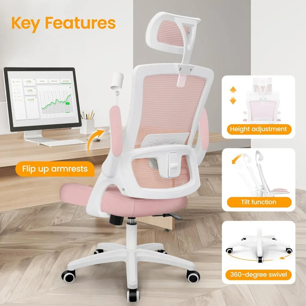 Pink Ergonomic Mesh Office Chair with Flip-Up Arms