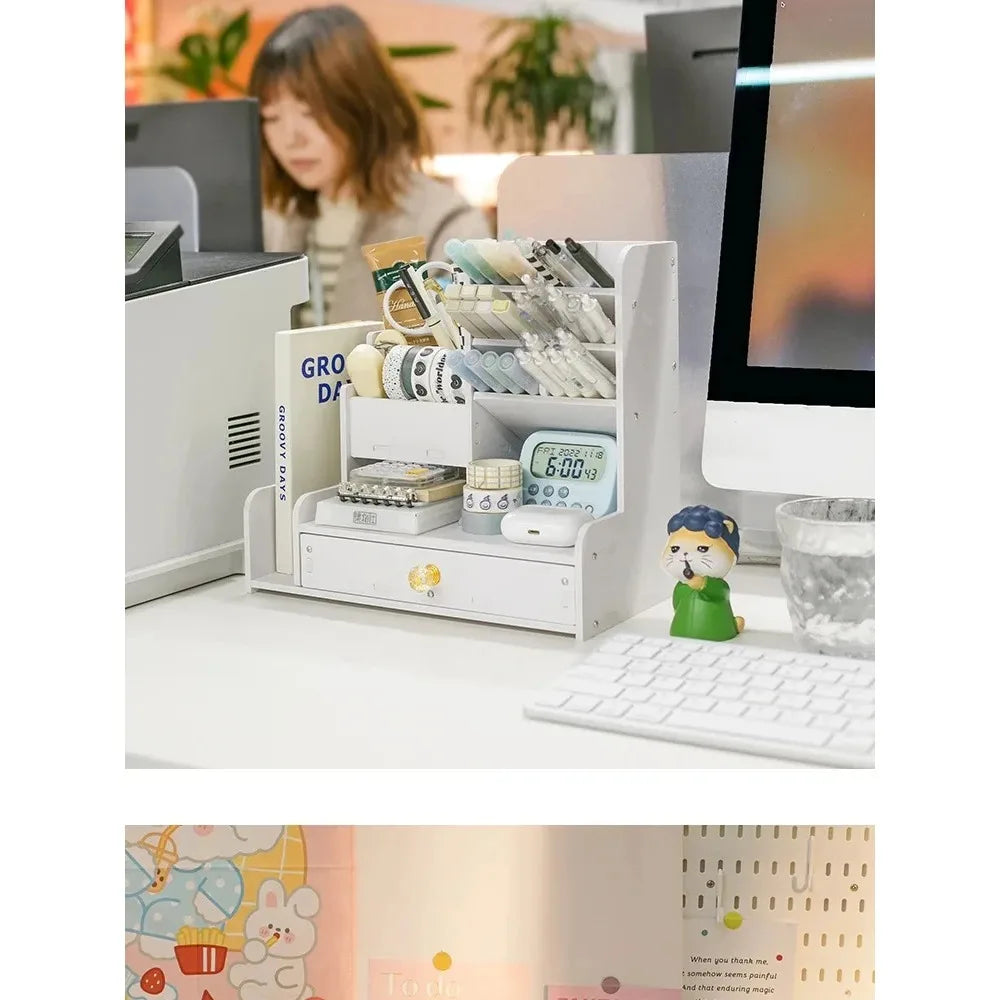 White Wooden Desk Organizer with Pencil Holder
