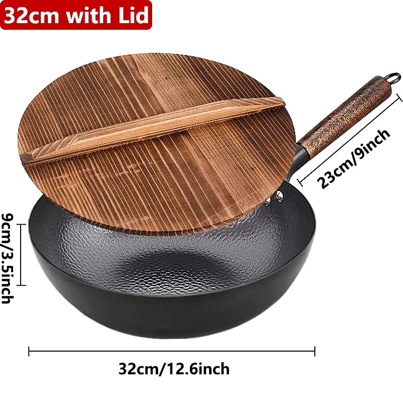 32cm Carbon Steel Wok Pan with Wooden Lid – All Stoves