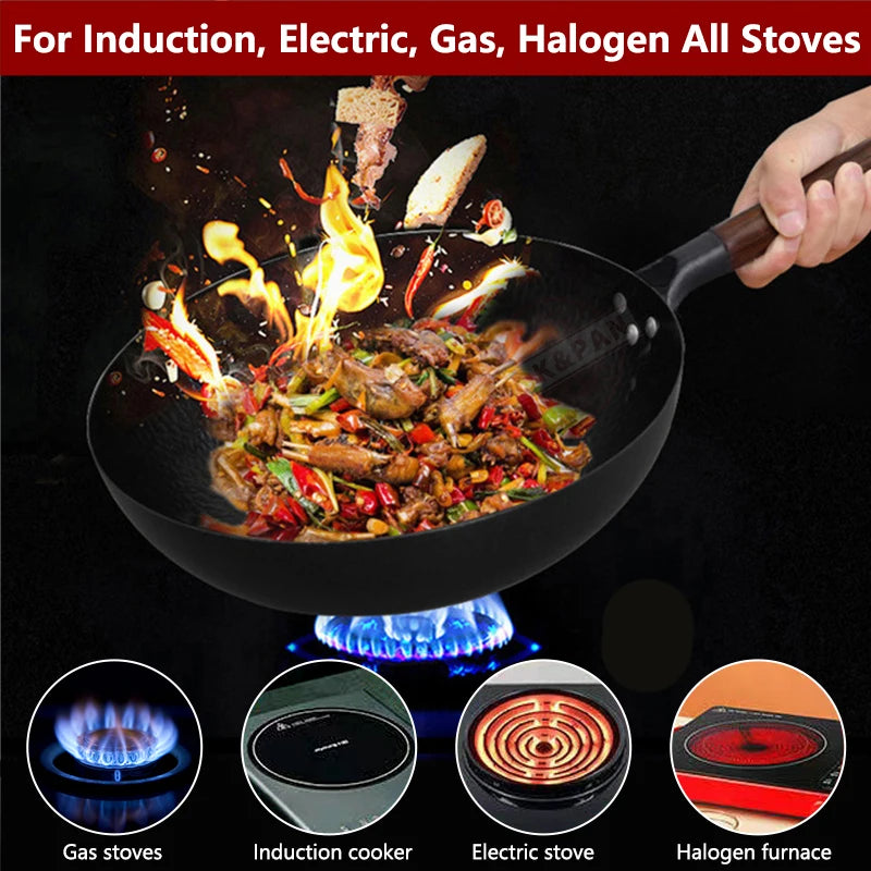 32cm Carbon Steel Wok Pan with Wooden Lid – All Stoves